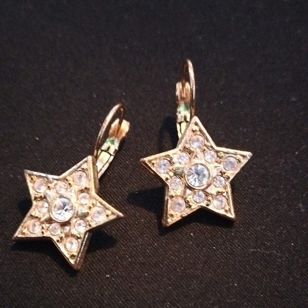 Vintage Gold Star Earrings with Crystals